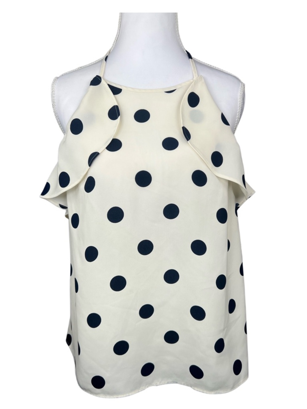 J.Crew Polka Dot Halter Top Size 6 Cream Navy Ruffle Sleeveless Blouse